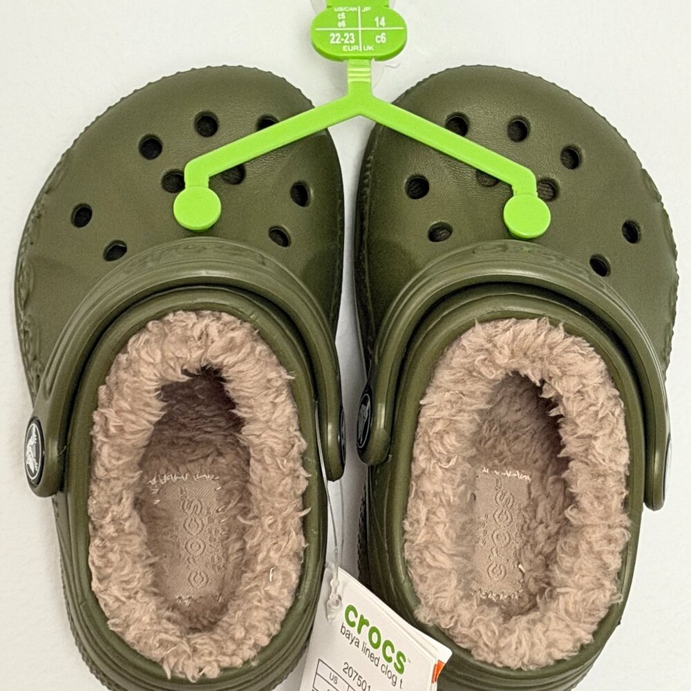 NWT Toddler Baya Lined Crocs Clog Army Green US c6 EU 22-23 UK c6 Shoes